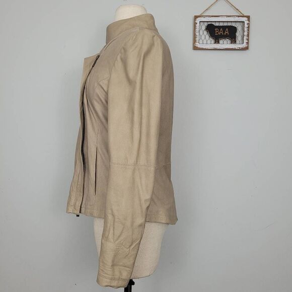 Vince Tan Asymmetric Zip Leather Jacket in Natural Sz M Mock Neck Buttery Soft - Picture 5 of 12